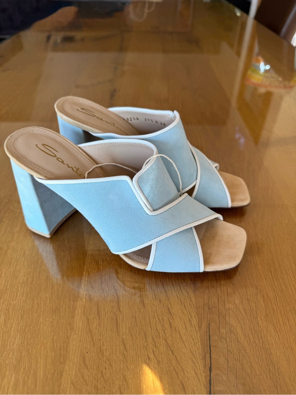 Santoni Light Blue Suede Open-Toe Block Heel Mules with White Trim - Picture 4 of 7